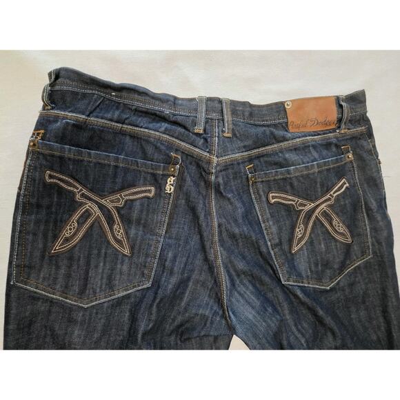 Artful Dodger Jeans Embroidered Pockets Dagger Denim Pants Designer Mens Size 42 - Picture 1 of 16